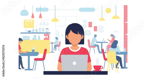 Woman working on laptop in a busy cafe, perfect for blog posts about remote work or co-working spaces.
