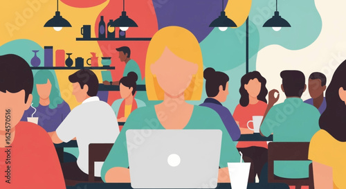 Diverse group of people working and socializing in a modern cafe, ideal for website banners or brochures.