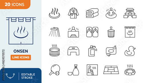 Onsen line editable icon set. Japanese bath culture icons. Editable stroke. Vector illustration