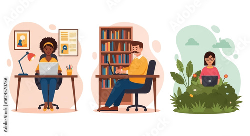 Diverse group of people working remotely, ideal for illustrating work from home, remote work, or flexible work styles.