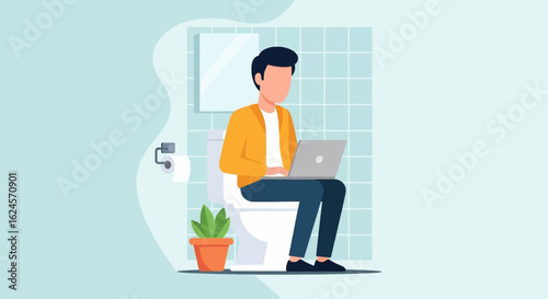 Illustration of a man working on his laptop while sitting on the toilet, perfect for articles on work-life balance or remote work.