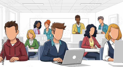 Diverse team of faceless office workers collaborating on laptops, ideal for website landing pages or company brochures.