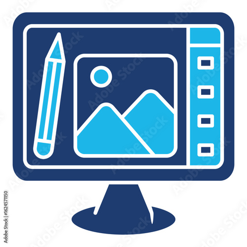 Digital Art Icon In Blue Monochrome Flat Design, Vector Illustration