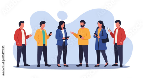 Diverse group of young adults using smartphones and tablets, perfect for illustrating social media, communication, or technology concepts.