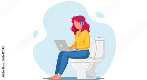 Woman working on laptop while sitting on toilet - illustration for website or blog post about work-life balance.
