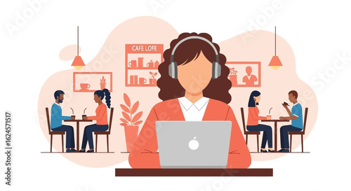 Woman working on laptop in cafe, perfect for blog posts about remote work or coworking spaces.