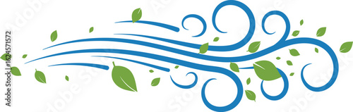 Stylized depiction of wind blowing through leaves and swirling patterns isolated on transparent background