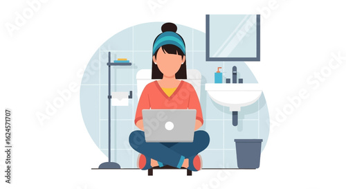 Woman working on laptop in bathroom, illustration for blog post or website.