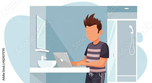 Young man working on laptop in modern bathroom - perfect for articles on remote work, work-life balance, or modern interior design.