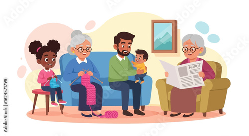 Happy multigenerational family spending time together at home, perfect for family, togetherness, and generational themes.