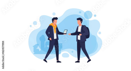Two young businessmen exchanging information, ideal for business presentations or websites.