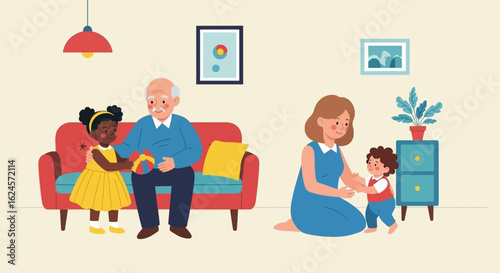 Happy multigenerational family spending time together at home. Perfect for family, parenting, or healthcare websites and brochures.