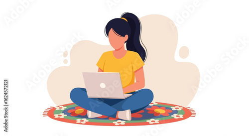 Young woman working on laptop while sitting on a colorful rug - perfect for websites and blogs about remote work, freelancing, or comfortable home offices.