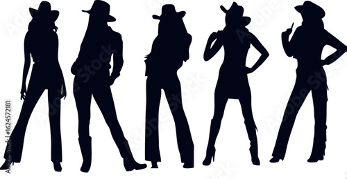 Western cowgirl silhouette set female cowboy vector icons in standing poses, perfect for rustic branding, posters, and apparel.

