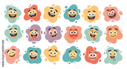 Vibrant set of cartoon emoticon faces on colorful abstract splashes. A diverse collection of expressive smileys showing various emotions and moods.