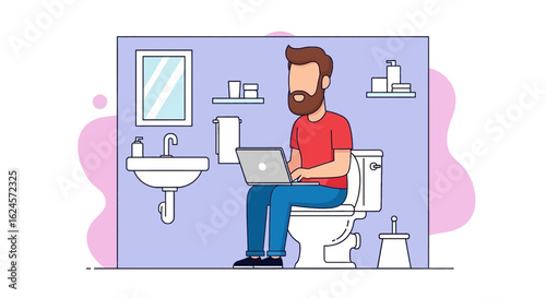 Man working on laptop while sitting on toilet - humorous illustration for blog, website or social media.
