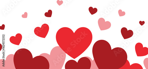 A cascade of red and pink hearts of various sizes floating upwards isolated on transparent background