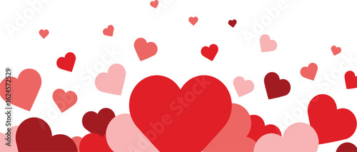 A multitude of red and pink hearts of various sizes floating upwards isolated on transparent background