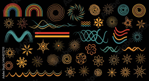 Set of retro abstract geometric shapes and design elements. Vintage 70s style graphic collection with spirals, rainbows, and sunbursts.