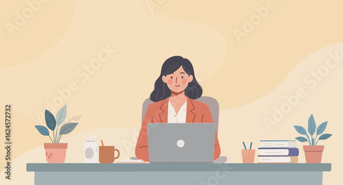 Smiling woman working on laptop at her desk, perfect for website banners or blog posts about remote work.