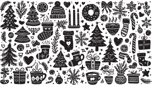Black and white seamless Christmas tree vector pattern illustration