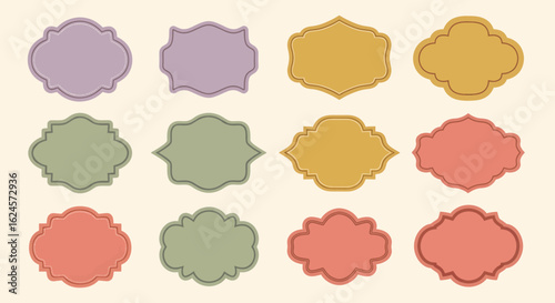 Collection of colorful vintage-inspired label shapes and ornate frames. Decorative retro graphic elements with empty space for text.