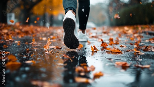 a person running in the rainy autumn weather