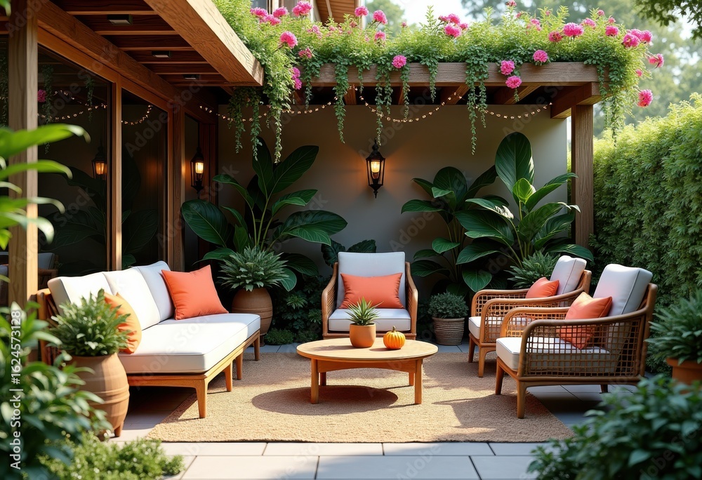 Fototapeta premium vibrant patio design lush greenery inviting outdoor space relaxing garden retreat furniture decor style, landscape, table, chairs, planter, flowers