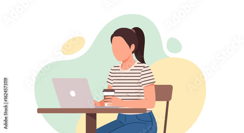 Woman working on laptop in cafe, perfect for blog posts about remote work, coffee shop culture, or freelance lifestyle.