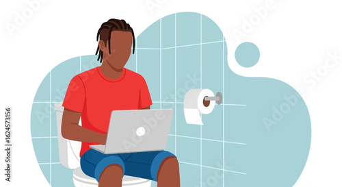 Man working on laptop while sitting on toilet - Illustration for articles about work-life balance, productivity, or humor.