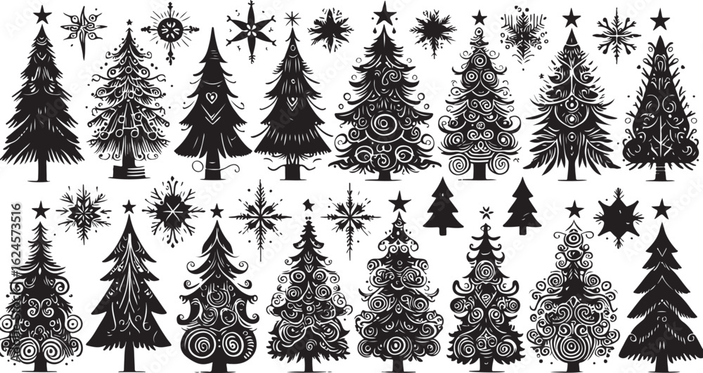 Fototapeta premium Black and white seamless Christmas tree vector pattern illustration