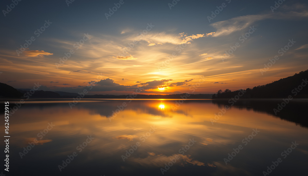 Fototapeta premium A vibrant golden sunset over a tranquil lake with clouds and hills reflected in the calm water.