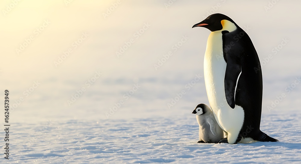 Obraz premium Adult emperor penguin standing beside its chick on snowy landscape 