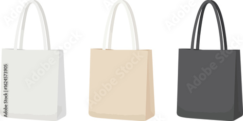 Three canvas tote bags in white beige and dark gray isolated on transparent background