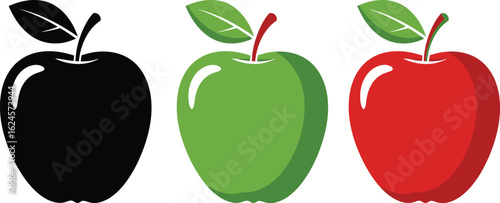 Three apples one black silhouette one green and one red isolated on transparent background