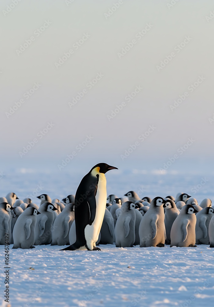 Obraz premium Adult emperor penguin standing among a group of chicks on ice 