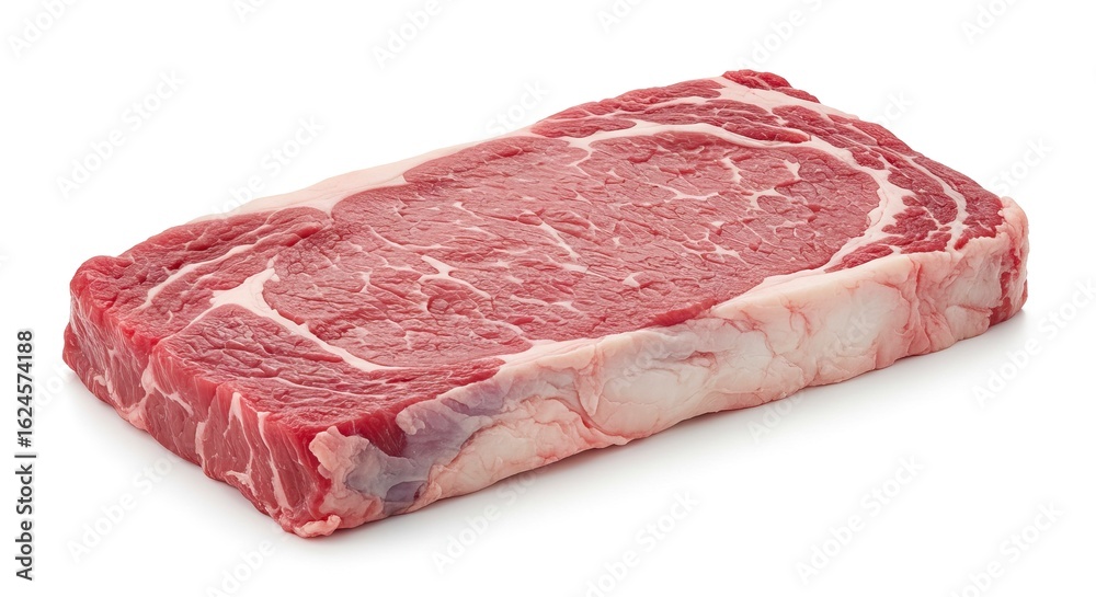 Rectangular cut of raw meat with a mottled texture on a white background Rectangular cut of raw meat with a mottled texture on a white background