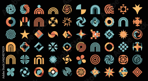 Modern abstract geometric shapes set. A collection of colorful vintage style icons and logo templates on a black background.