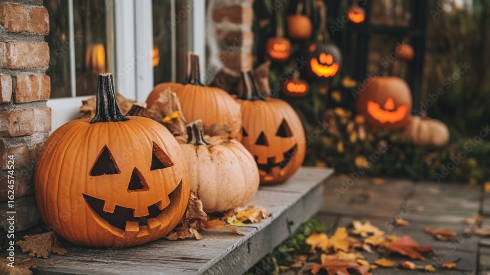 Fototapeta premium halloween jack o lanterns in the garden