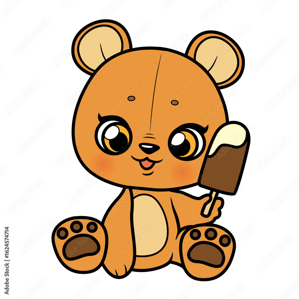 Fototapeta premium Cute cartoon baby bear with ice cream on a white background