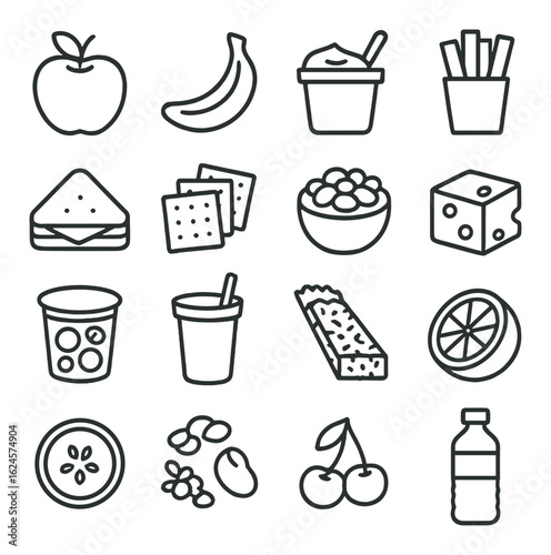 Collection of food and snack icons including fruits and beverages on gray background