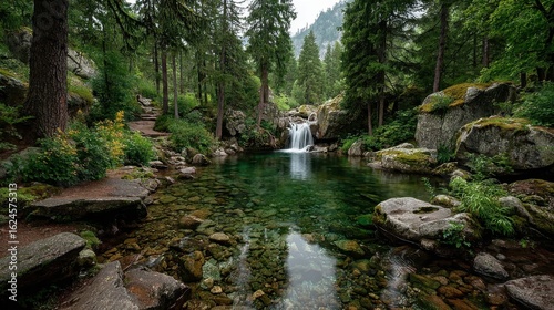 Serene mountain stream flowing through a lush forest landscape