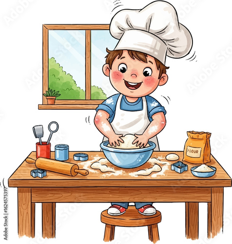 Cute Little Chef Kneading Dough in the Kitchen