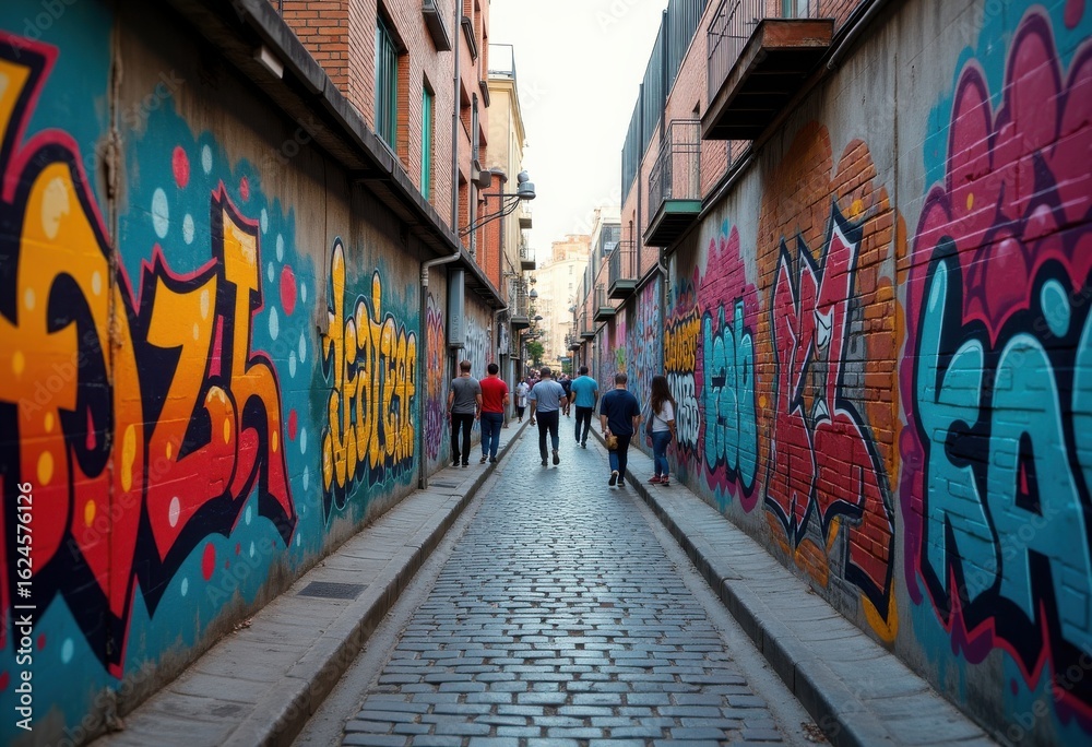 Fototapeta premium vibrant street art murals alley colorful urban expression graffiti masterpieces culture creativity, painting, textured, design, court, canvas, wall, neighborhood