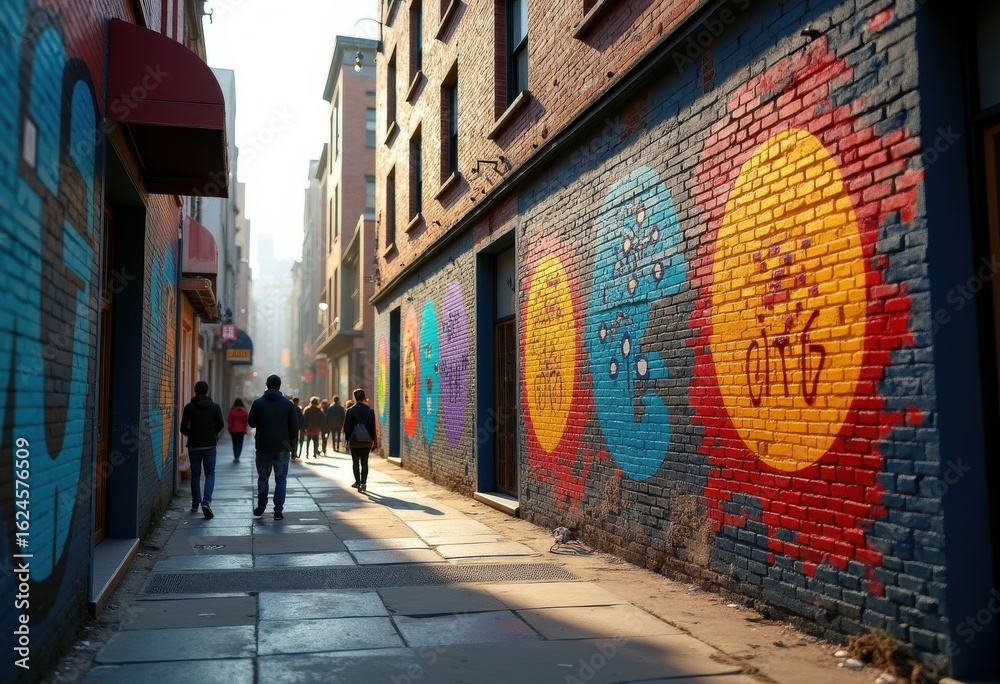 Fototapeta premium vibrant street art murals weathered brick walls urban beautification colorful expressionism, graffiti, textures, paint, design, artwork, culture, creativity