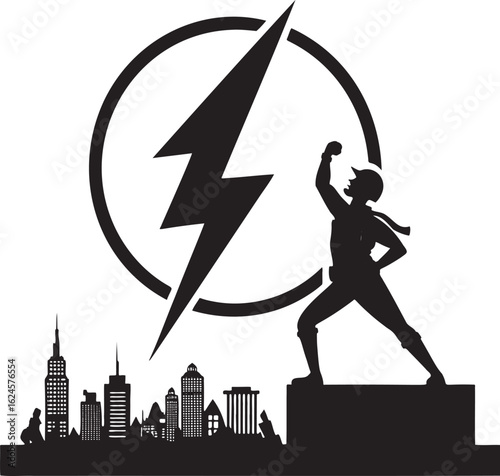 Silhouette of a triumphant figure with lightning bolt and city skyline victory