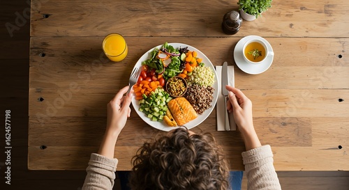 Top view of a person eating a balanced and nutritious lunch plate with salmon and vegetables for a healthy lifestyle