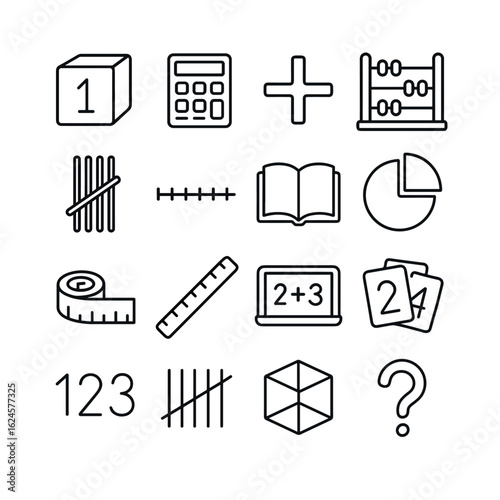 Collection of education and math icons including abacus, calculator, and ruler