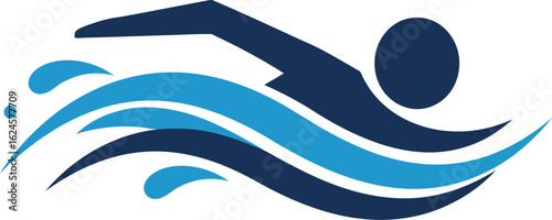 Stylized silhouette of a swimmer in blue waves isolated on transparent background