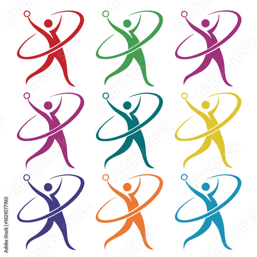 Nine stylized human figures in vibrant colors with orbiting elliptical shapes abstract logo